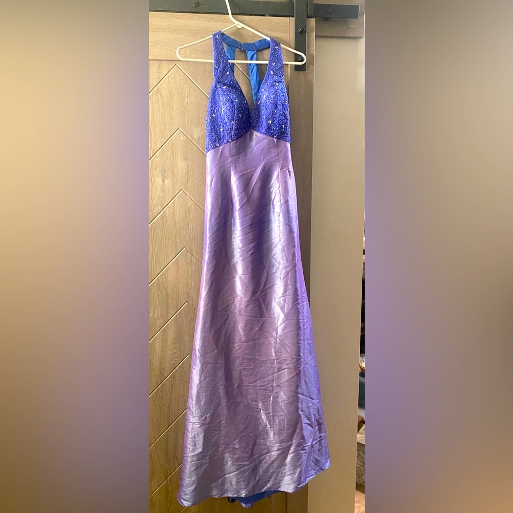 I’m selling a purple iridescent with a v neck chest line and purple jeweled top.